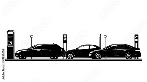 Several rental vehicles stationed in a car rental lot, with visible directional and informational signs, vector illustration art