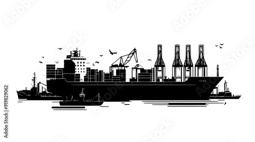 Ships berthed at the quay, accompanied by an array of containers and port infrastructure, vector illustration art