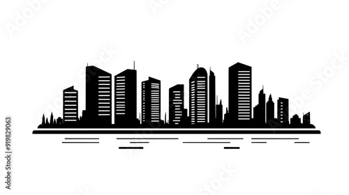 Skyline dominated by sleek, tall skyscrapers, a riverfront, and visible city infrastructure, vector illustration art