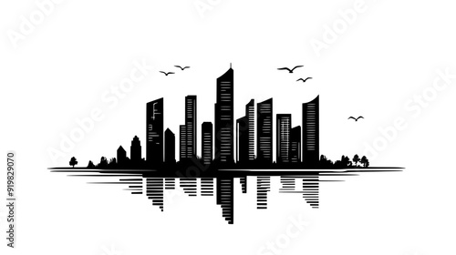 Skyline dominated by sleek, tall skyscrapers, a riverfront, and visible city infrastructure, vector illustration art