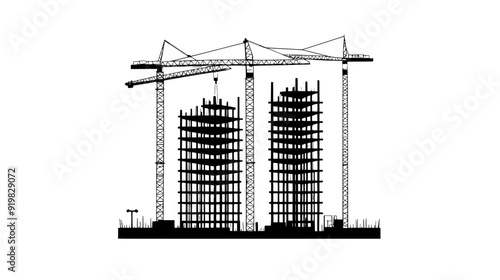 Skyscraper under construction, surrounded by cranes and scaffolding, with its steel framework visible, vector illustration art