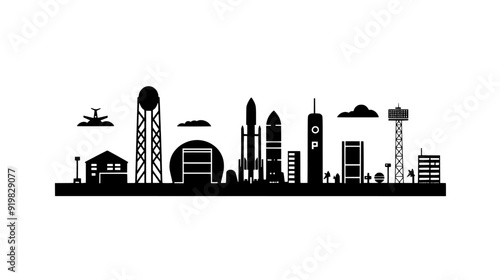 Spaceport featuring a main launch pad, control tower, rocket assembly area, and fueling infrastructure, vector illustration art