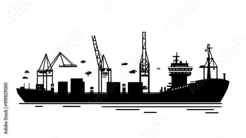 Ships berthed at the quay, accompanied by an array of containers and port infrastructure, vector illustration art