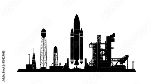 Spaceport featuring a large launch pad, supporting infrastructure, control building, and rocket assembly area, vector illustration art