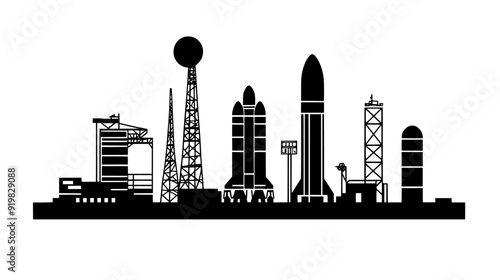 Spaceport featuring multiple launch pads, command center, rocket assembly buildings, and fueling equipment, vector illustration art