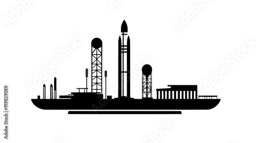 Spaceport featuring a main launch pad, control tower, rocket assembly area, and fueling infrastructure, vector illustration art
