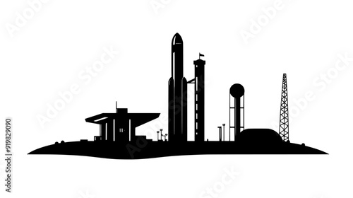 Spaceport with a launch pad, control tower, fueling station, and support structures on an open field, vector illustration art