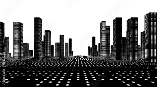 Tall interconnected towers with sleek surfaces above a grid of platforms and pathways, vector illustration art