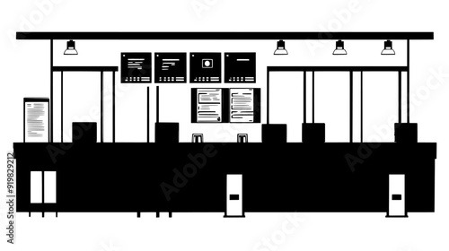 Ticket counters and electronic information boards inside the ferry terminal, vector illustration art