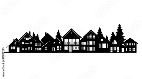 Timber-framed houses with steep roofs, forming a traditional village layout, vector illustration art