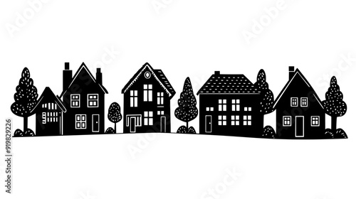 Timber-framed houses with steep roofs, forming a traditional village layout, vector illustration art