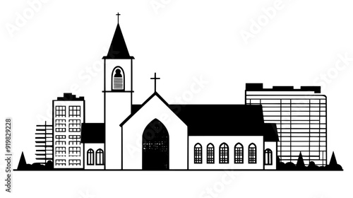 Traditional church with a bell tower, situated in an urban setting with adjacent modern structures, vector illustration art