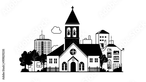 Traditional church with a bell tower, situated in an urban setting with adjacent modern structures, vector illustration art