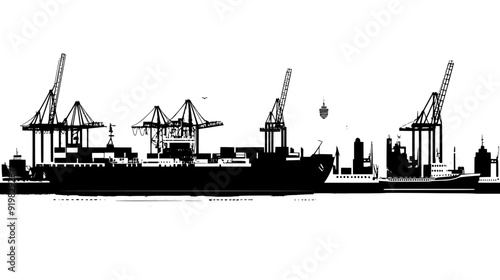 Various docked ships, boats, and cargo containers arranged orderly along the waterfront with cranes in the background, vector illustration art