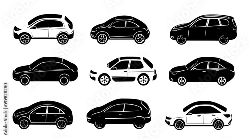 Various rental cars parked in an organized manner at a car rental center, with visible lot divisions, vector illustration art