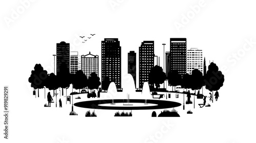 Urban park with central fountain, buildings, and nearby busy street, vector illustration art
