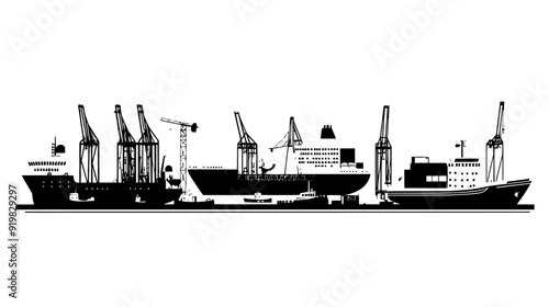 Various docked ships, boats, and cargo containers arranged orderly along the waterfront with cranes in the background, vector illustration art