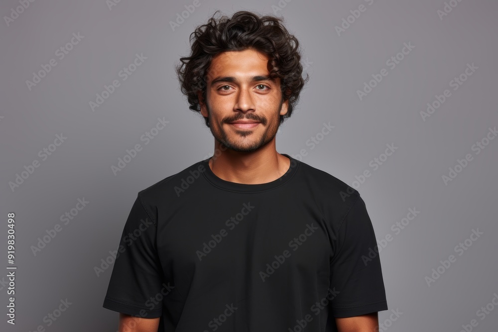 People positive emotions concept. Studio waist up of young happy smiling broadly Hindu man standing in centre isolated on white background wearing black casual t shirt looking straight at camera People positive emotions concept. Studio waist up of young happy smiling broadly Hindu man standing in centre isolated on white background wearing black casual t shirt looking straight at camera