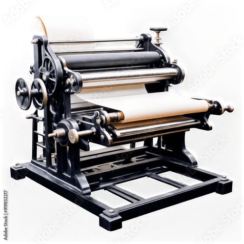 Large industrial printing press with black frame, four wheels, and large roll of white paper. Transparent background.