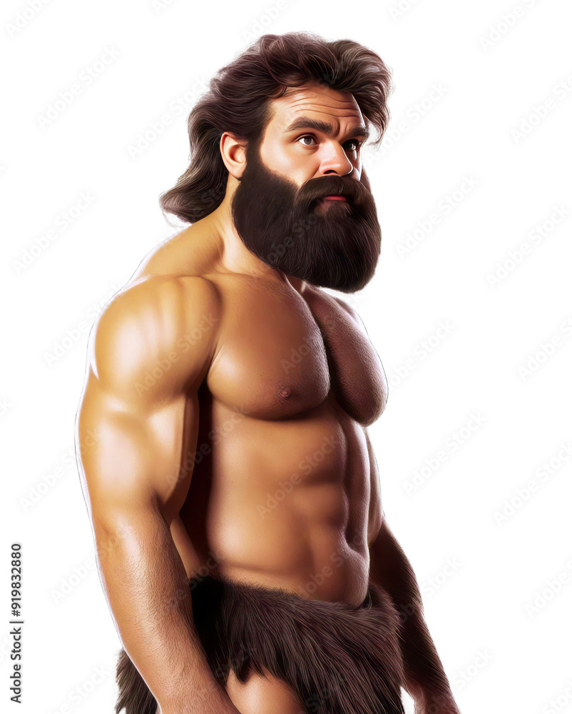 Fototapeta premium A cartoonish drawing of a man with a large beard and mustache, wearing a loincloth made of animal fur.