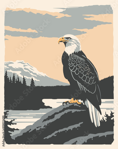 yellowstone park poster with eagle perched on rock, lake, forest, and snowy mountains in background photo