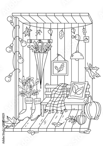 Coloring Page For Adults And Children Features An Autumn Porch With A Bench, Autumn Leaves, An Umbrella, And Rubber Boots