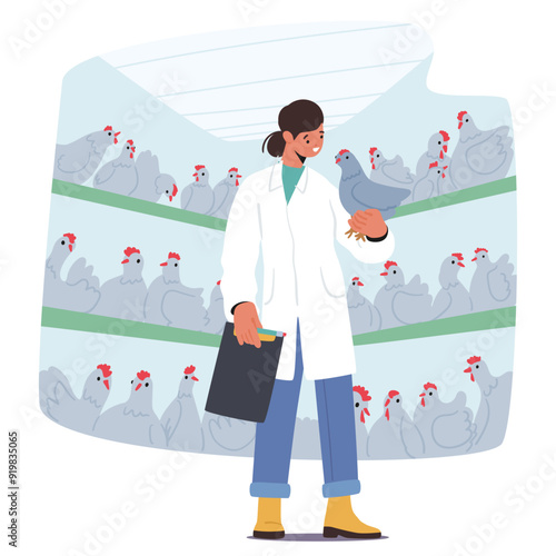 Woman Veterinarian Inspects Chickens In A Modern Poultry Farm With Rows Of Hens In Cages, Vector Illustration