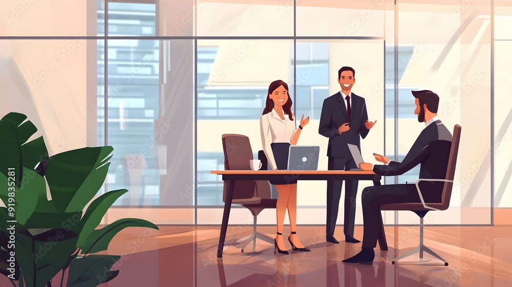 Two men and a woman engaged in a meeting in a modern office with large windows. Two men and a woman engaged in a meeting in a modern office with large windows.