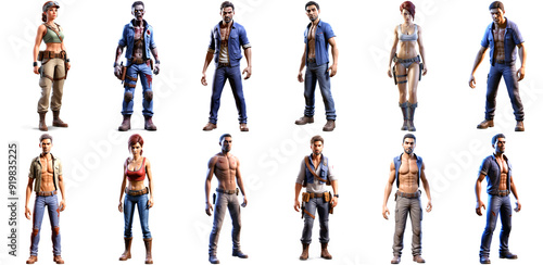 Full-body video game characters, apocalyptic survivors, avatars with transparent PNG alpha background