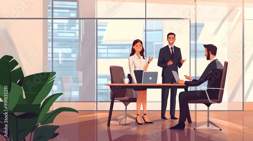 Two men and a woman engaged in a meeting in a modern office with large windows.