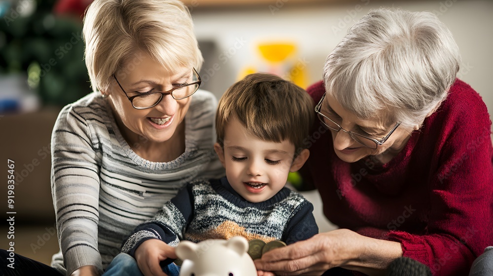 Two elderly women joyfully help a young boy save money in a piggy bank. Two elderly women joyfully help a young boy save money in a piggy bank.