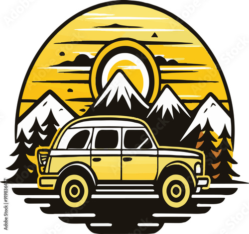 vector t-shirt design all black silhouette hiking car vintage retro sunshine, design isolated on white background conceptual art vibrant painting illustration, illustration