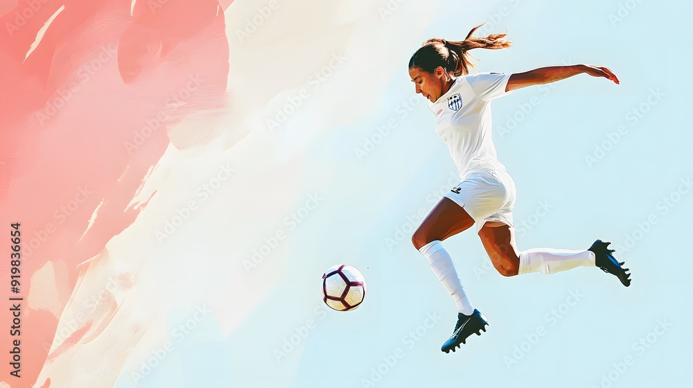 A young female soccer player in mid-air, showing athletic agility and focus. A young female soccer player in mid-air, showing athletic agility and focus.