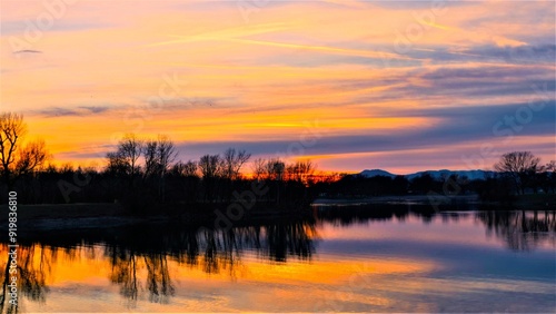 Magnificent purple sunset on the lake