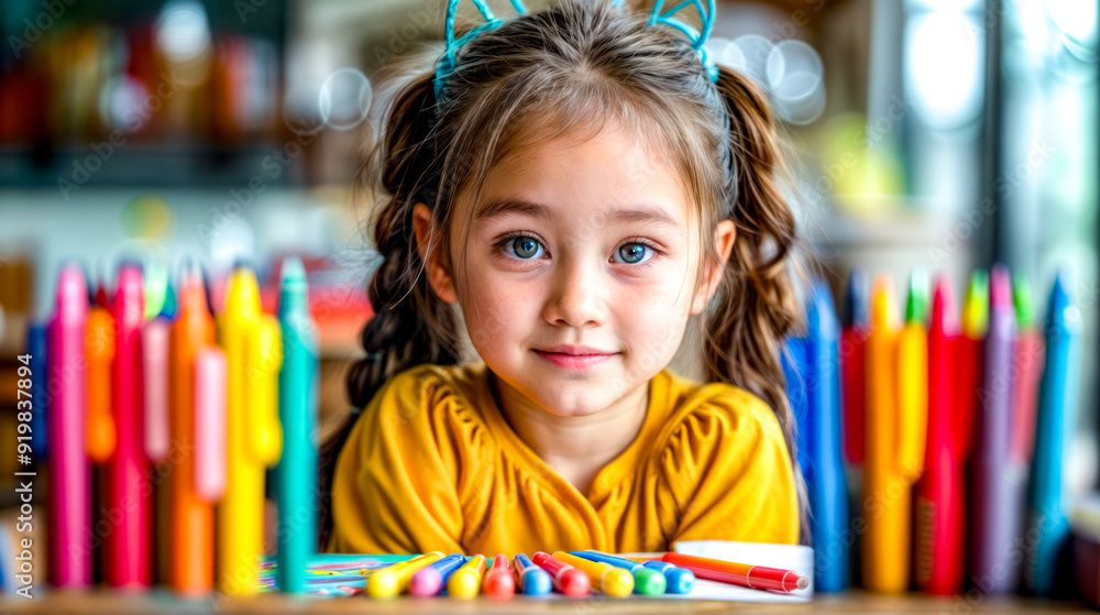 Little girl sitting at table with crayons in front of her. Little girl sitting at table with crayons in front of her.