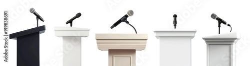 Close up of various blank podium or speech lectern stand with microphone isolated on background, empty wooden standing table. photo