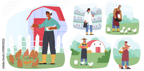 Set Of Farmers Engaged In Activities On Poultry Farm Include Feeding Chickens, Checking On Birds, And Collecting Eggs