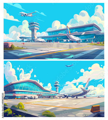 Aerodrome background. Plane aircraft in departure terminal, business passenger vacation transportation air sky building flight journey trip aviation airline vector illustration