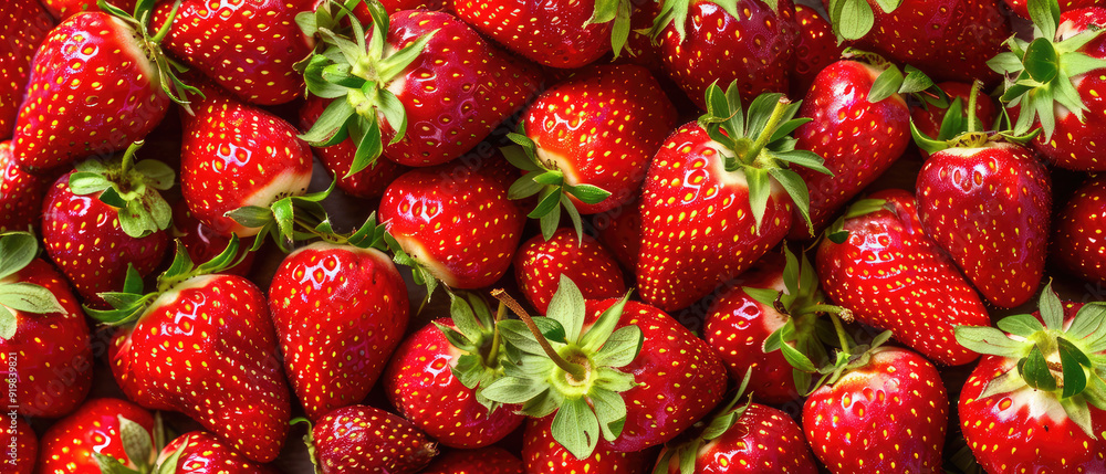 Plump red strawberries with bright green stems and leaves Plump red strawberries with bright green stems and leaves