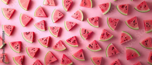 Watermelon slices arranged neatly on a pink background.
