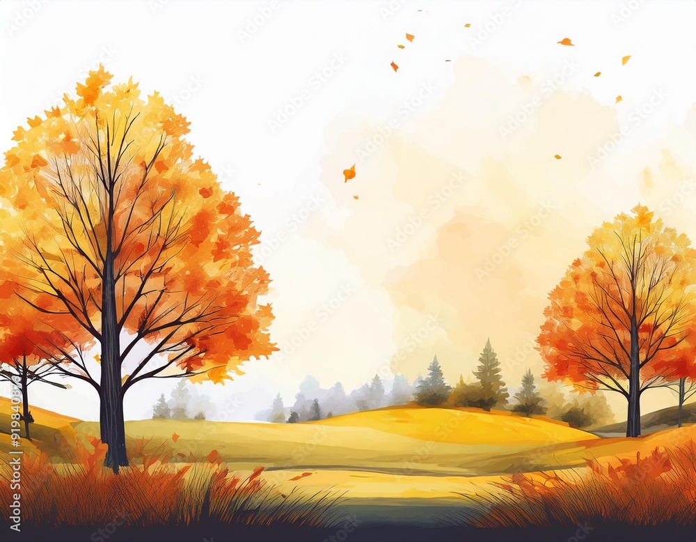 Autumn landscape watercolor illustration, Nature background, Fall tree, yellow orange leaf. Can be used for Autumn concept, greeting cards and invitations. Hand drawn watercolor illustration. Autumn landscape watercolor illustration, Nature background, Fall tree, yellow orange leaf. Can be used for Autumn concept, greeting cards and invitations. Hand drawn watercolor illustration.