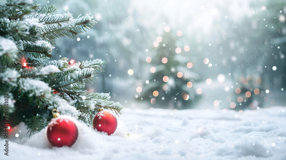 Stunning festive Christmas background with snow and a red-ball-adorned Christmas tree Stunning festive Christmas background with snow and a red-ball-adorned Christmas tree