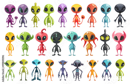 Aliens set. Alien cartoon characters, ufo mascot design fantasy extraterrestrial monster space creature standing cosmic mutant vector illustration