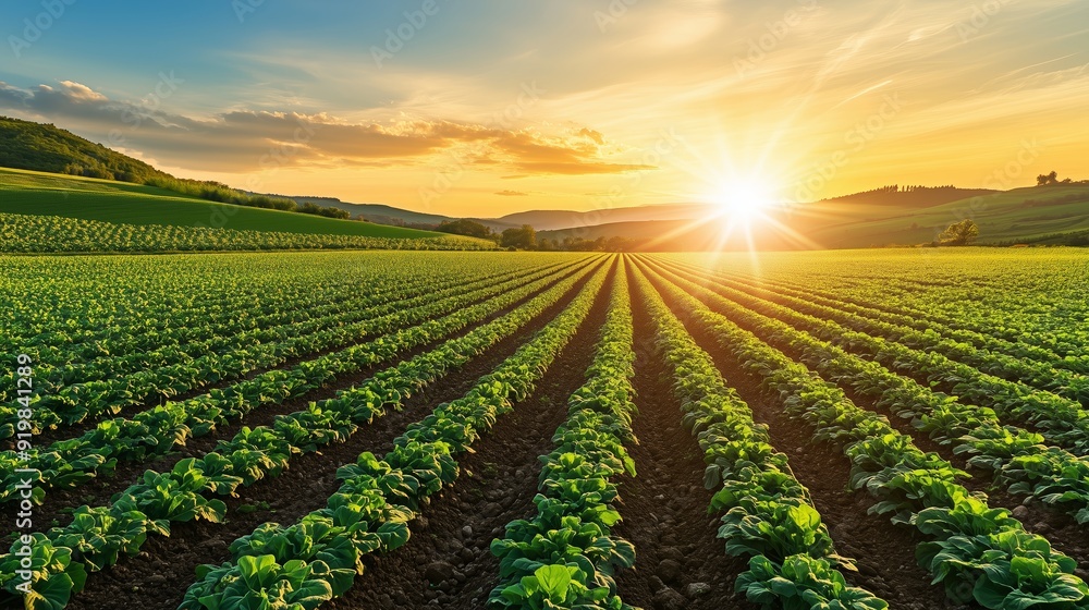 A vibrant sunset over a flourishing vegetable farm in the countryside during late spring A vibrant sunset over a flourishing vegetable farm in the countryside during late spring
