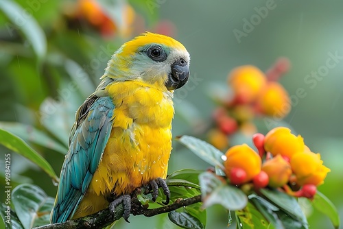 Whitecapped Parrot Pionites leucogaster resting on a branch in the Amazon rainforest also called Papagaiodebarrigabranca photo