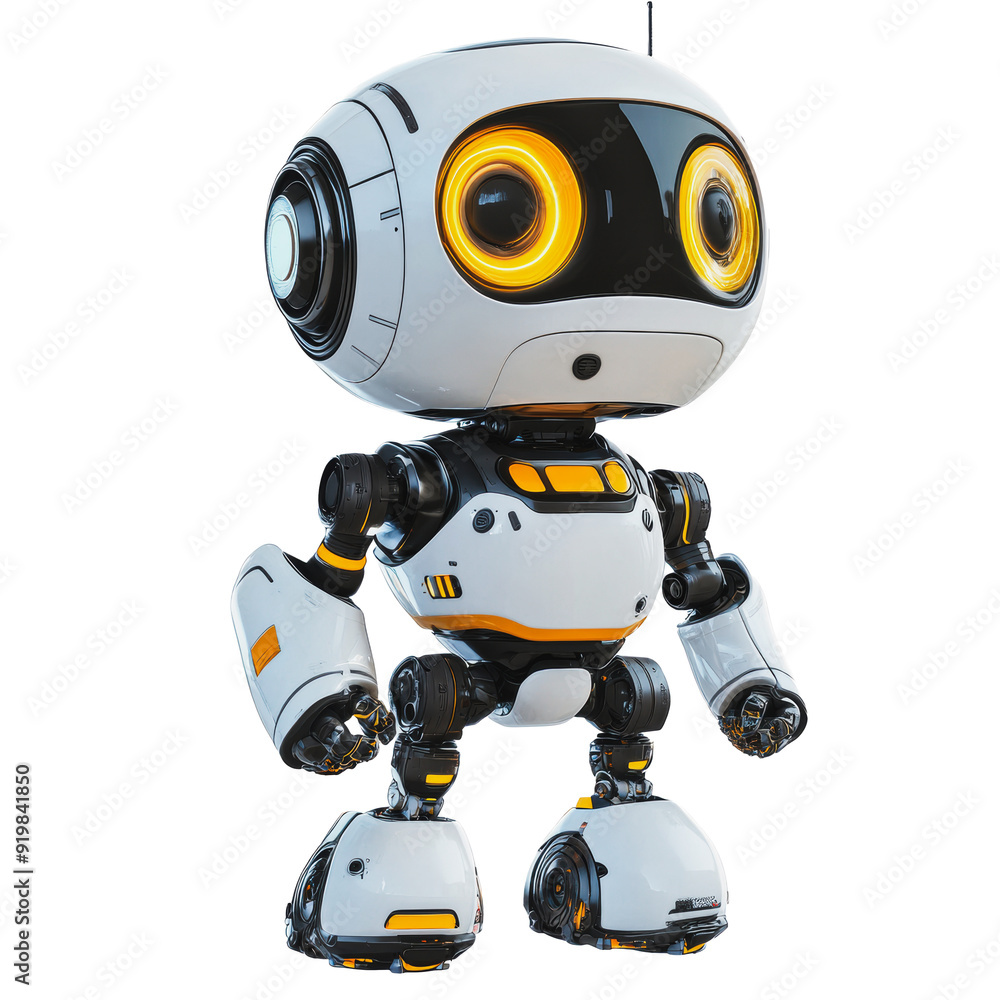 PNG A small, friendly robot standing in a bright, modern room, showcasing its expressive eyes and playful design PNG A small, friendly robot standing in a bright, modern room, showcasing its expressive eyes and playful design
