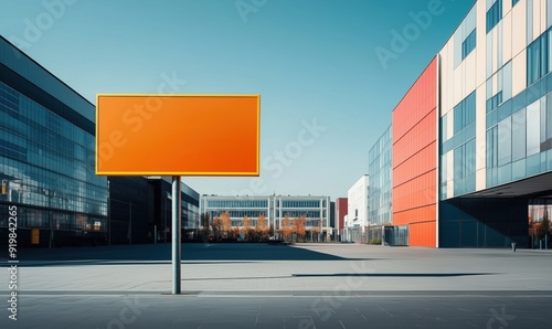 A large orange billboard is standing in front of a building. The billboard is empty, but it is still a prominent feature in the scene. The empty billboard gives the impression of a blank canvas photo