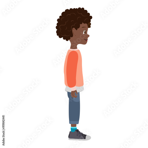 Flat Vector Illustration of Cute African American Kid Boy with Skateboard, Cartoon Character Set For Animation, Various Views, Poses and Gestures. Item 3