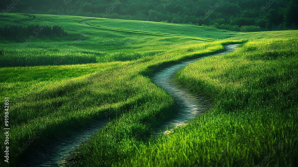 Scenic Morning Pathway Through a Verdant Field Scenic Morning Pathway Through a Verdant Field