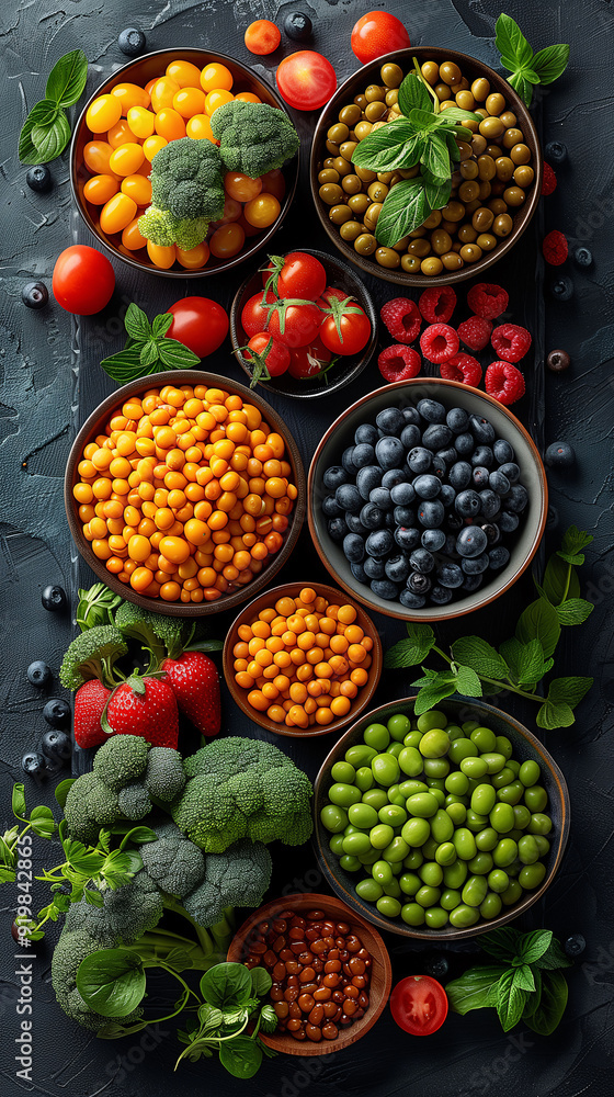 Variety of fresh vegetables in rustic bowls on a dark table. Variety of fresh vegetables in rustic bowls on a dark table.